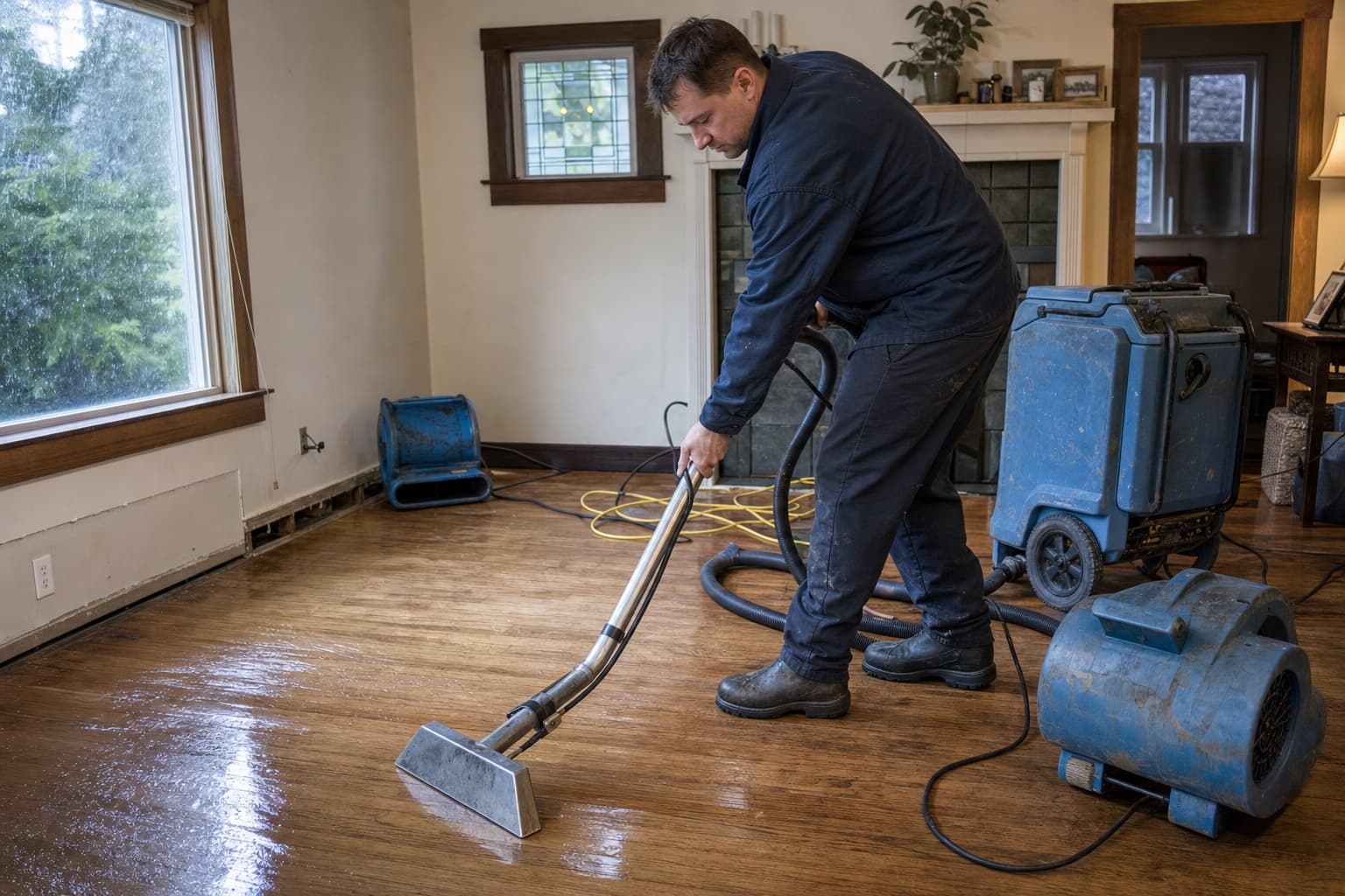 Illustrative generated scene of water-extraction work inside a home