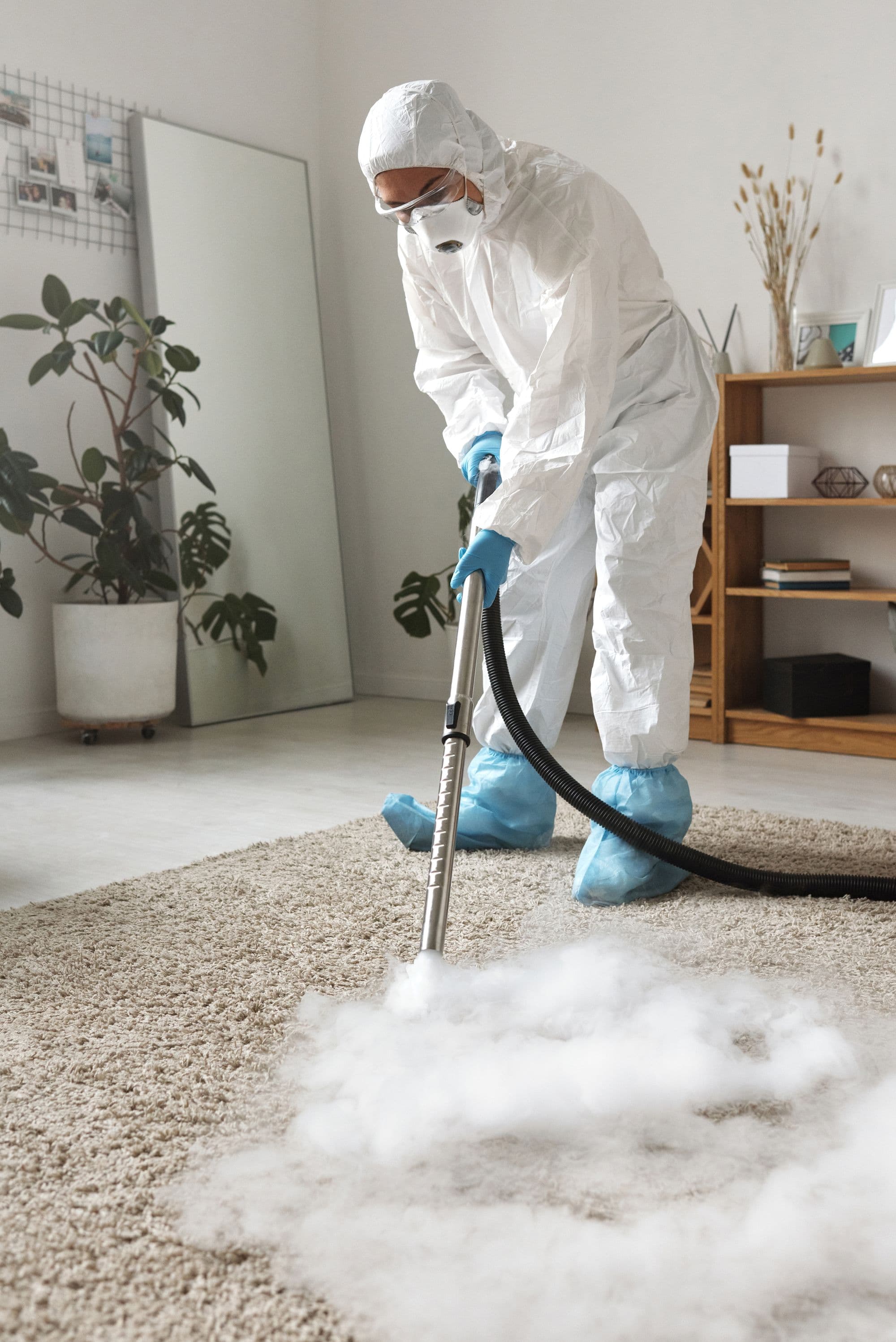 Stock photograph of a protected cleanup worker treating carpet